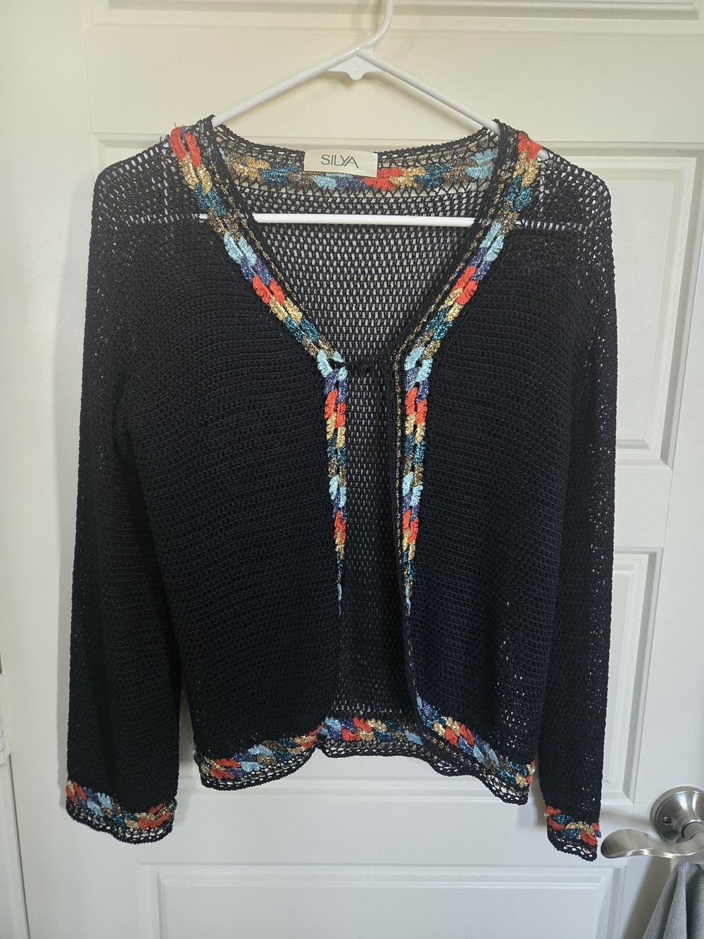 Silya Vintage Black Open-Weave Cardigan with Multicolor Trim